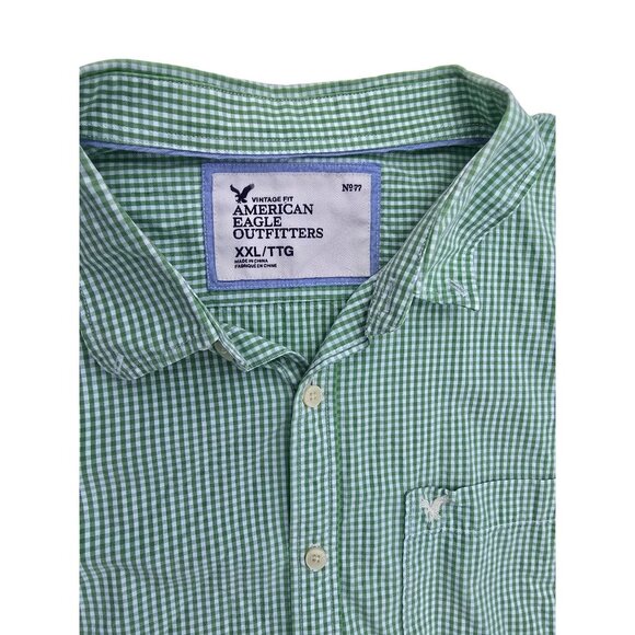 American Eagle Men’s Button-Down Green Gingham Check Shirt XXL Cotton - Picture 3 of 5